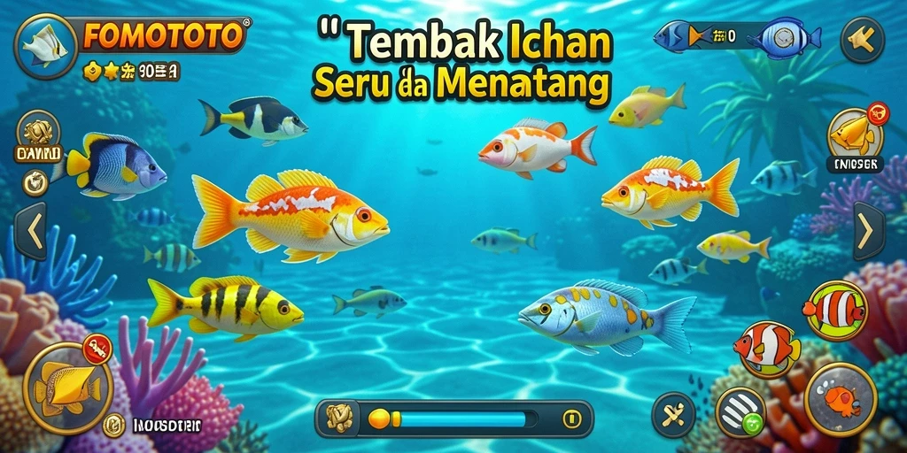 Tampilan gameplay FOMOTOTO yang menarik dengan ikan berwarna-warni.