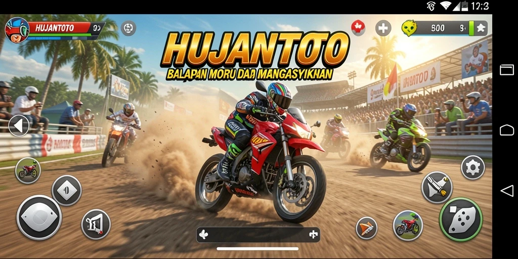 Tampilan seru dari gameplay balapan motor HUJANTOTO yang mendebarkan.