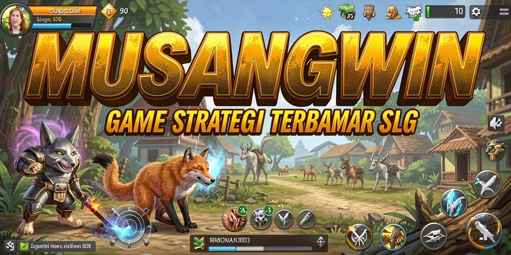 Screenshot gameplay seru di MUSANGWIN menunjukkan pertempuran strategi.