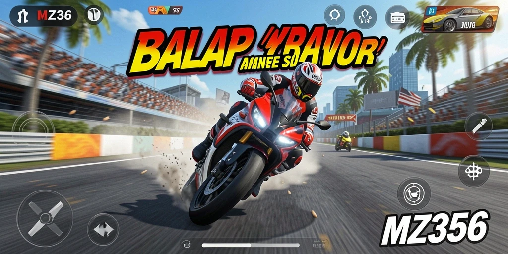 Tangkapan layar gameplay MZ356 menampilkan aksi balapan motor yang mendebarkan.