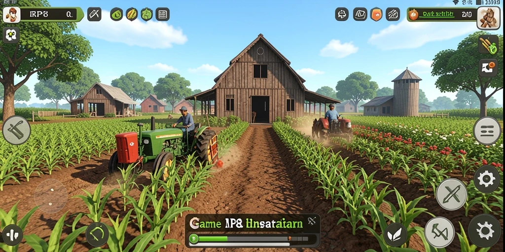 Tampilan screenshot gameplay RP8 menampilkan pertanian yang subur dan hewan ternak.