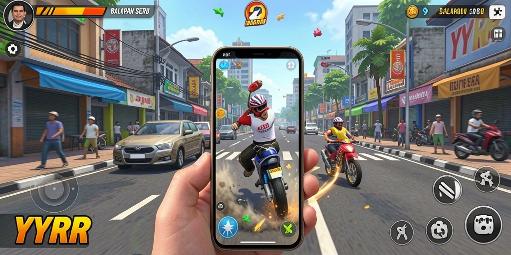 Gameplay balapan YYRR yang penuh aksi dan mendebarkan.